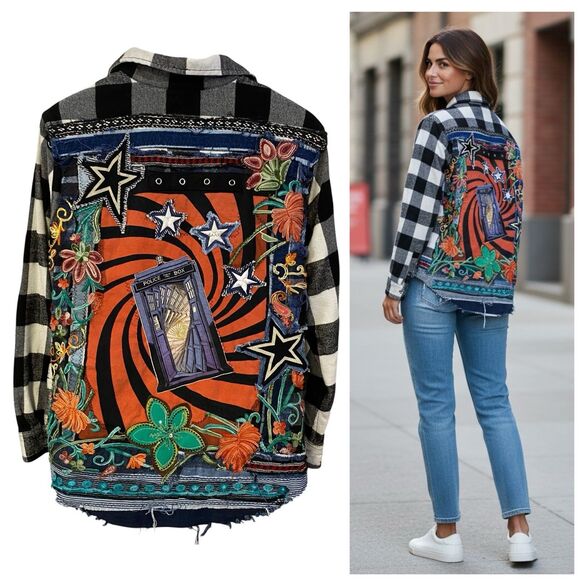 The Unbranded Brand Tops - Upcycled Flannel Shirt Shacket Womens XL Dr Who Tardis Custom Grunge Skater Rock